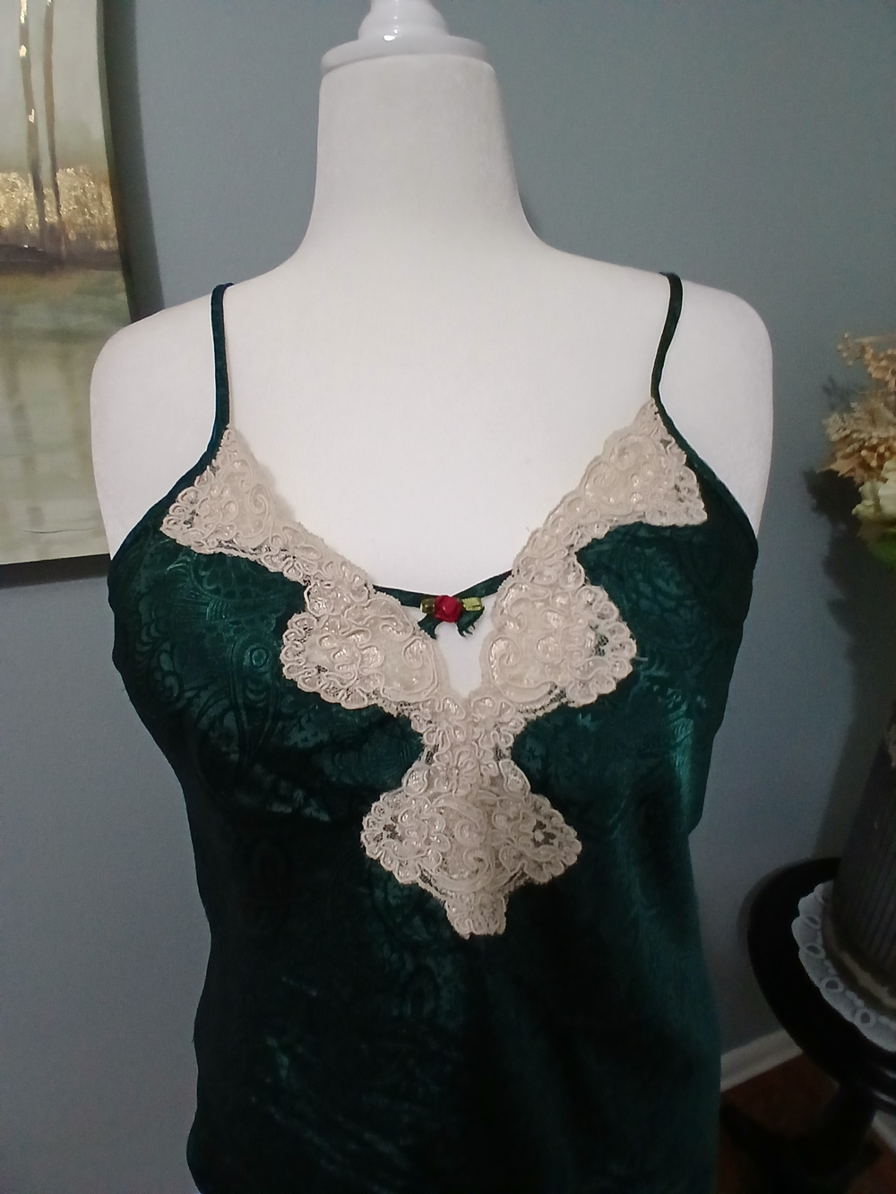 Women’s Emerald Green Lace-Trim Satin Chemise